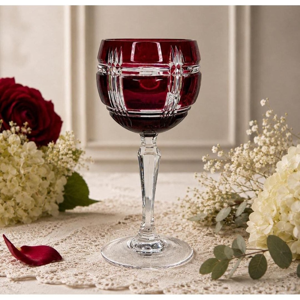 Vintage Ajka Esmeralda Ruby Red Cut Crystal Wine Goblet Hungary 8" Handcrafted